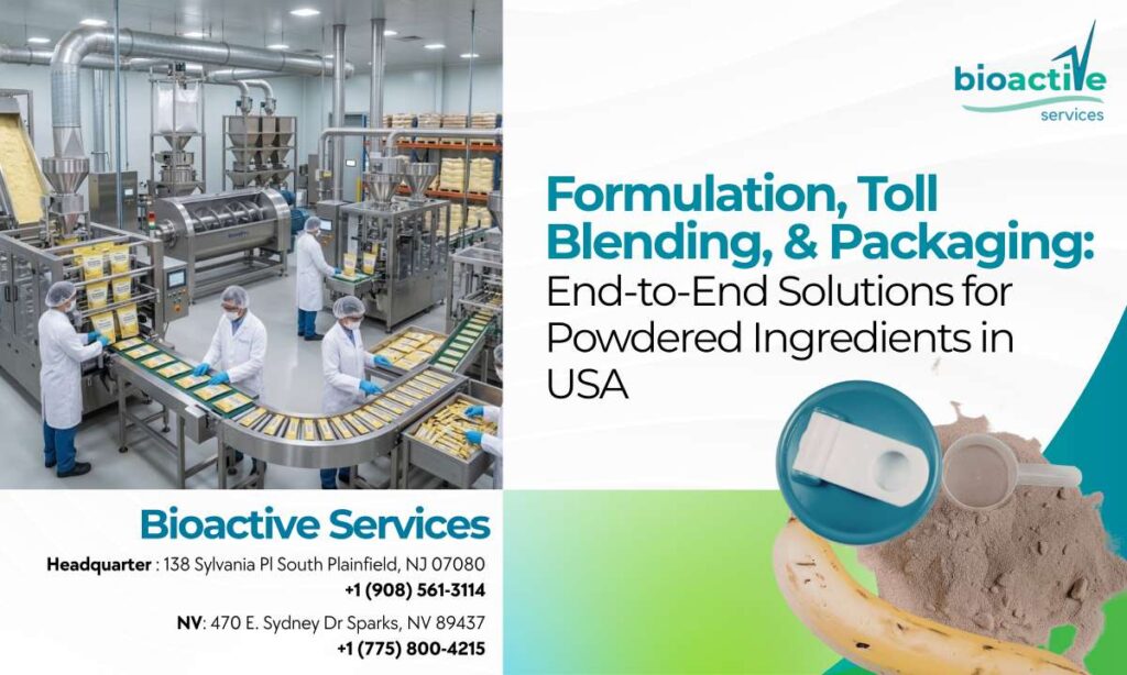 Integrated formulation, toll blending, steam sterilization, and packaging operation for powdered nutraceutical and botanical ingredients in a USA manufacturing facility.