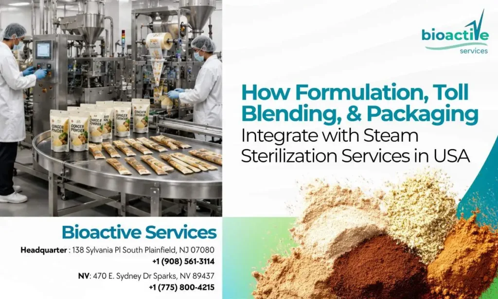 Integrated steam sterilization, formulation, toll blending, and packaging system for powdered nutraceutical and botanical ingredients in a USA manufacturing facility.