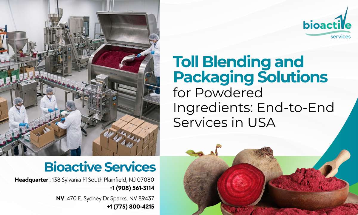 USA toll blending and packaging facility processing powdered nutraceuticals with steam sterilization and quality control systems