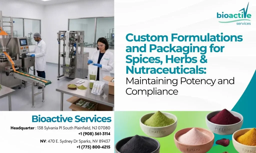 Custom formulation, steam sterilization, precision toll blending, quality testing, and packaging of organic spices, herbs, and nutraceutical powders in a USA food processing facility.