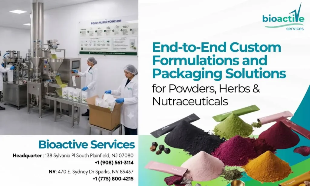 End-to-end manufacturing process showing steam sterilization, custom formulation, precision toll blending, quality testing, and retail packaging for powdered herbs, nutraceuticals, and functional food ingredients in a USA processing facility.